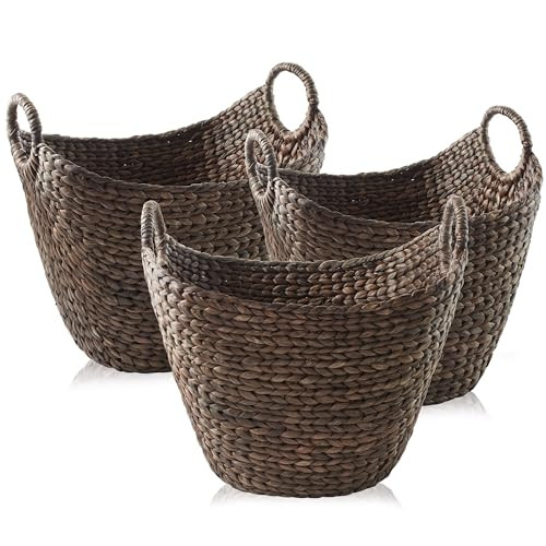 Casafield Set of 3 Multipurpose Boat Baskets with Handles - Espresso, Woven Water Hyacinth Storage Organizers for Throw Blankets, Bedroom, Living Room, Laundry | Amazon (US)