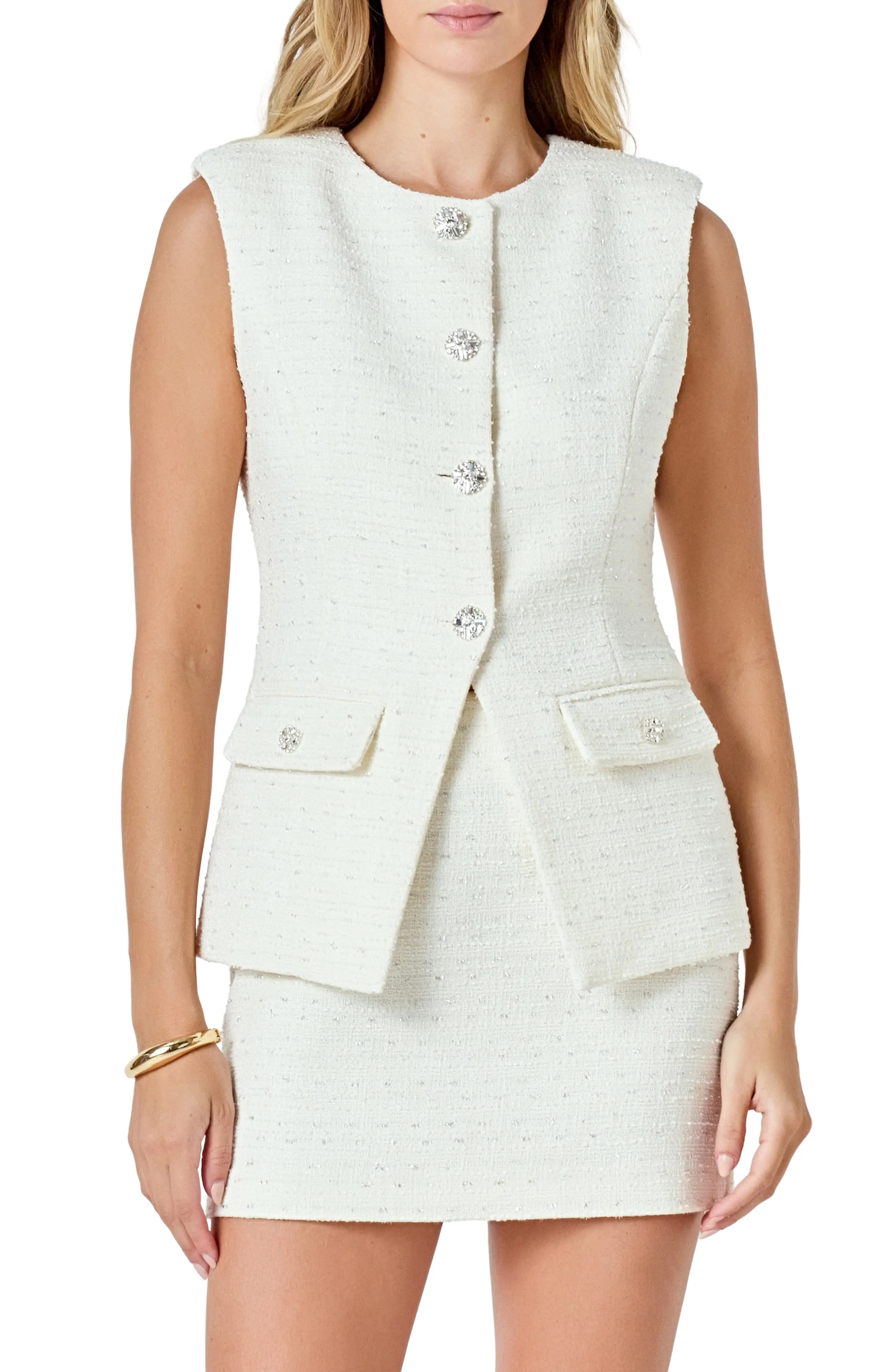 Endless Rose Jewel Button Tweed Vest (Women) | Nordstrom | Nordstrom