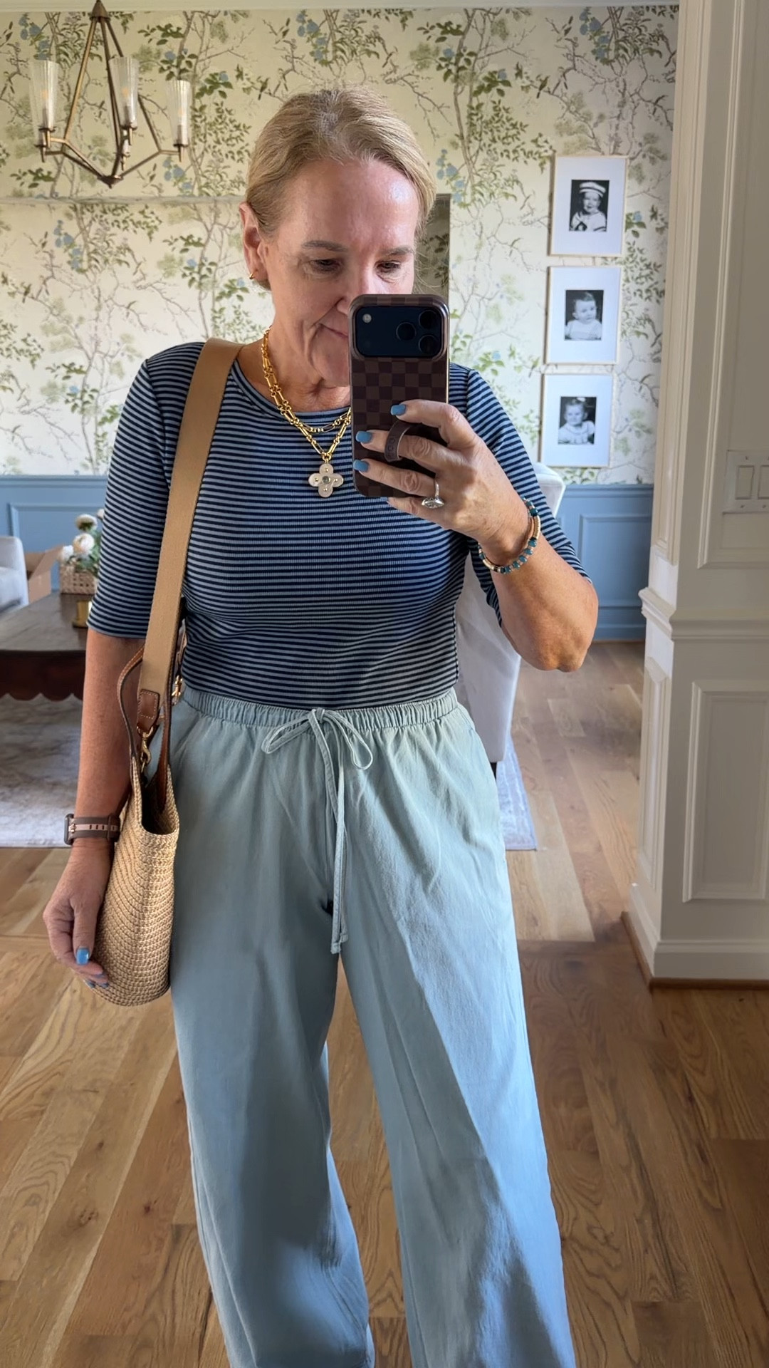 Chambre drawstring, pants size medium
Striped T-shirt, size medium
Sneaker Mary Jane’s are super comfortable, true to size and I love that the Velcro strap is adjustable to whatever with your foot is
10% off code NANETTE on my splurge worthy bag

#LTKootd #LTKSaleAlert #LTKOver40