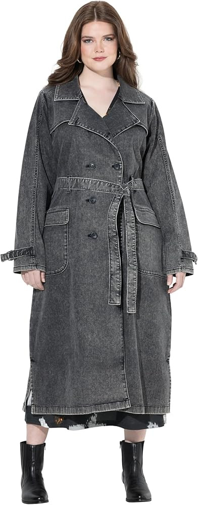 Ulla Popken Womenswear Plus Size Curvy Denim Acid Wash Trench Coat 830347 | Amazon (US)