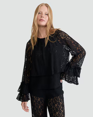 F&F Lace Tiered Bell Sleeve Top in Black | Tesco F&F