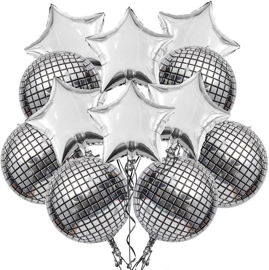 Silver Disco Ball Balloons and Star Balloons - Big 22 Inch, Pack of 12 | Disco Balloons for Disco... | Amazon (US)