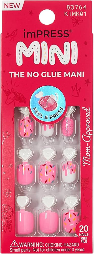 KISS imPRESS No Glue Mani Press On Nails, Mini, 'Super Duper', Pink, Kids Size, Squoval Shape, In... | Amazon (US)