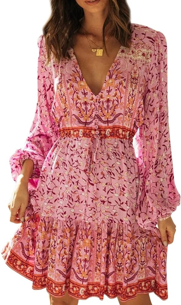 R.Vivimos Women's Cotton Long Sleeves V-Neck Button Up Floral Print Bohemian Flowy Mini Dress | Amazon (US)