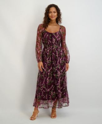 kensie Women's Sweetheart Neck Long Sleeve Embroidered Dress - Macy's | Macy's