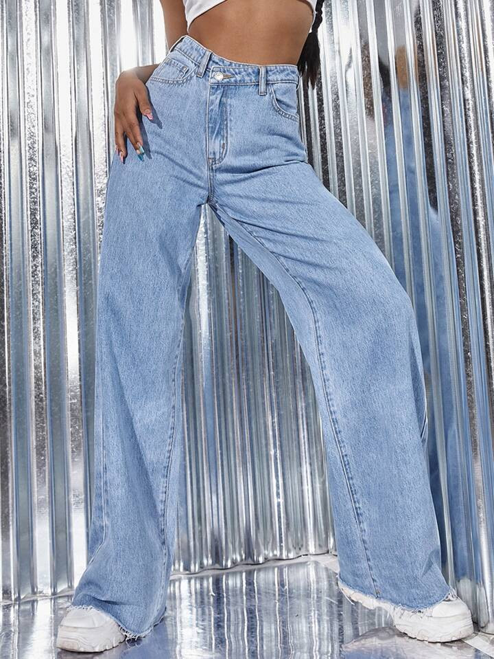 SHEIN ICON High Waist Raw Hem Wide Leg Jeans | SHEIN