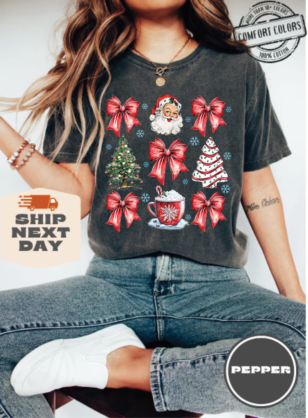 Christmas Coquette Bow Comfort Colors®, Woman Xmas Shirt, Christmas Girl Sweatshirt, Cute Winter... | Etsy (US)