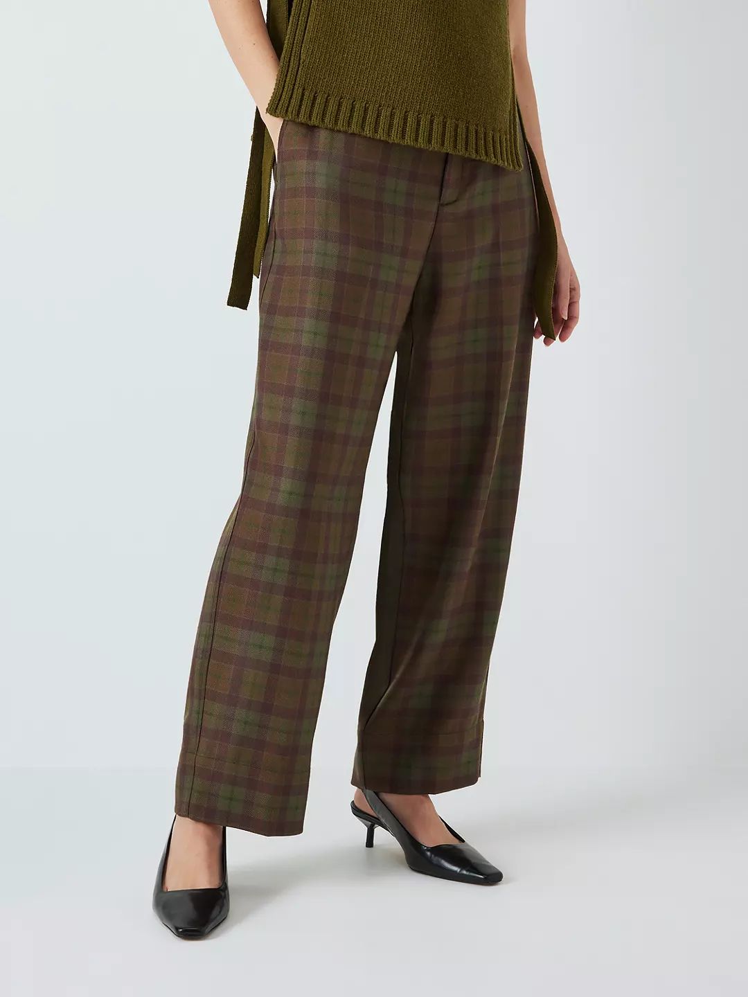 SOEUR Sarajevo Elastic Waist Checked Wool Trousers, Khaki/Brown | John Lewis (UK)