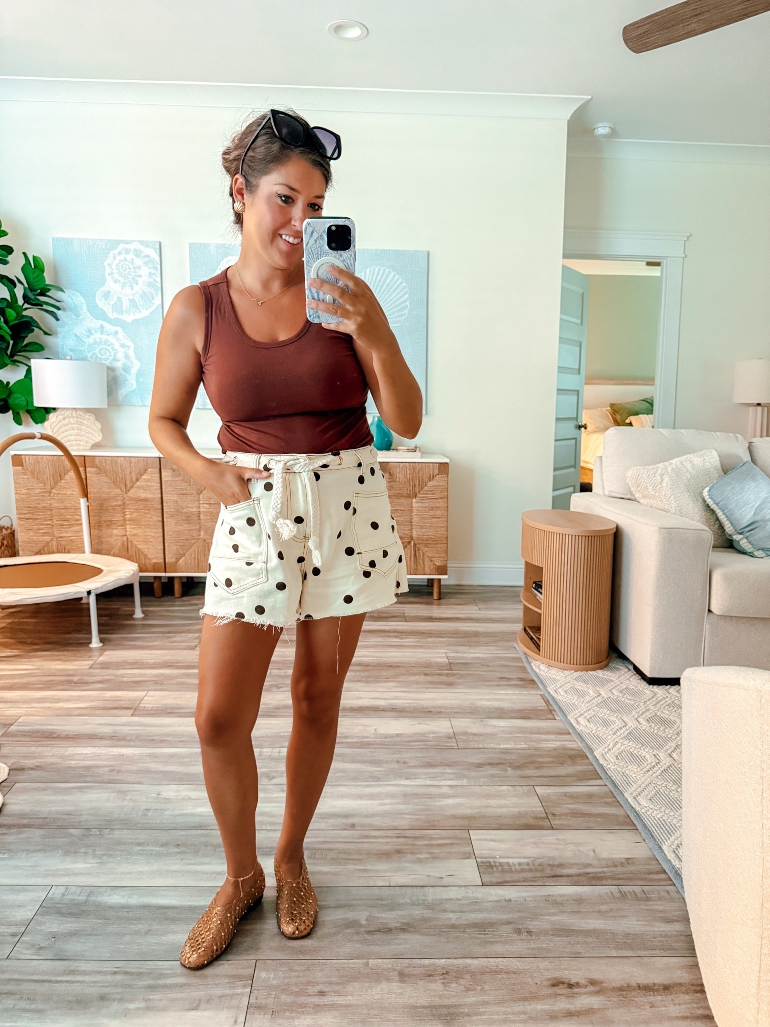 Summer outfit, basic tank, denim shorts, polka dots

Wearing medium

#LTKootd