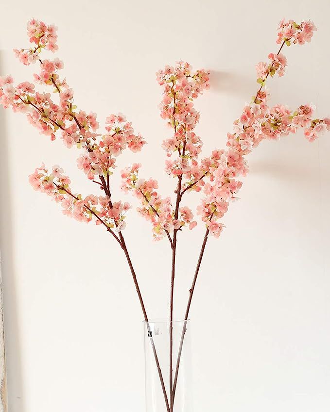 WenXin Artificial Cherry Blossom Flowers Silk,3pcs Peach Branches Tall Fake Flower Arrangements f... | Amazon (US)