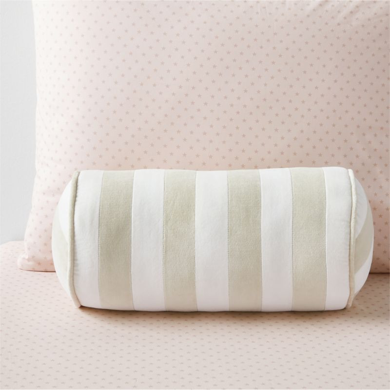 Stone Tan and Arctic Ivory Harriet Stripe Velvet Kids Bolster Pillow + Reviews | Crate & Kids | Crate & Barrel