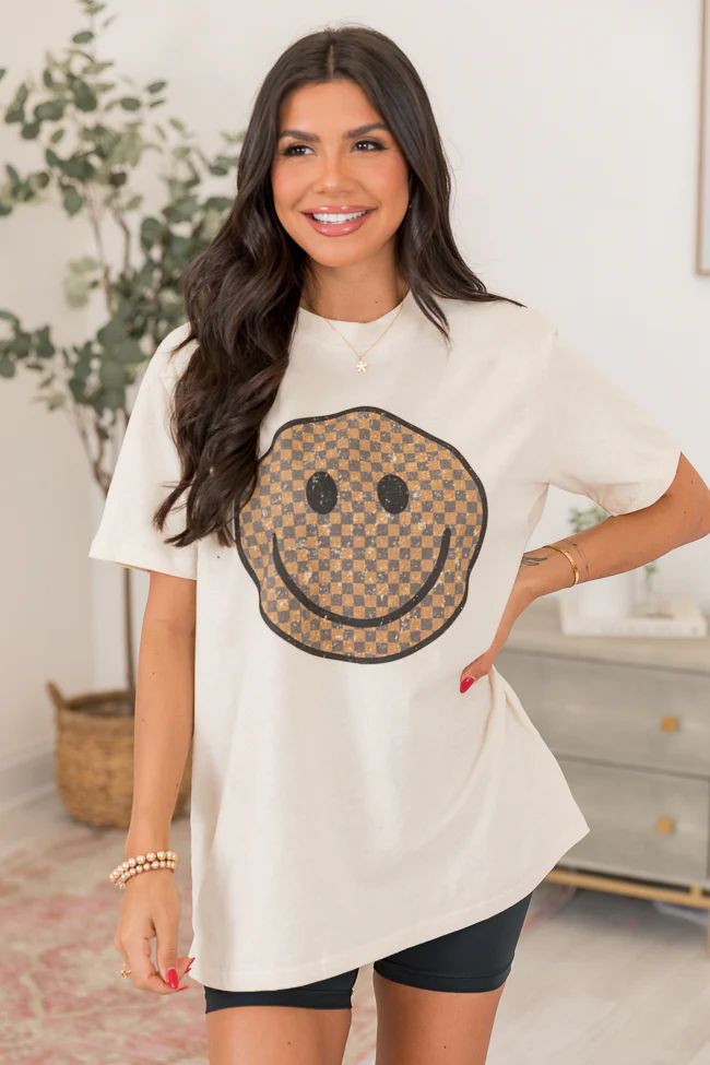 Neutral Checkered Smiley Ivory Oversized Graphic Tee | Pink Lily