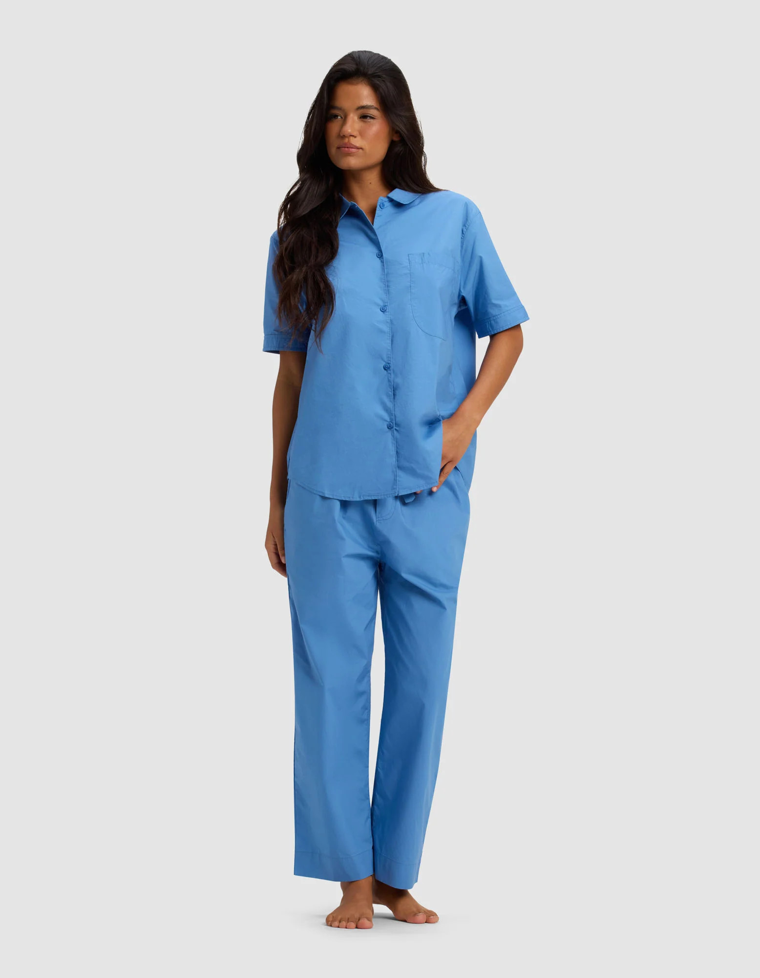 Women's Sutton Short Sleeve Shirt & Cropped Pajama Pants Set in Sailor (Size: Small) - Cozy Earth | Cozy Earth