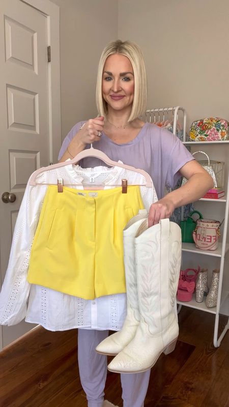 Girly western outfit / yellow shorts / butter yellow / eyelet top / eyelet blouse / yellow tailored shorts 
Size: XS top, 0 shorts 

#LTKstyletip #LTKSeasonal