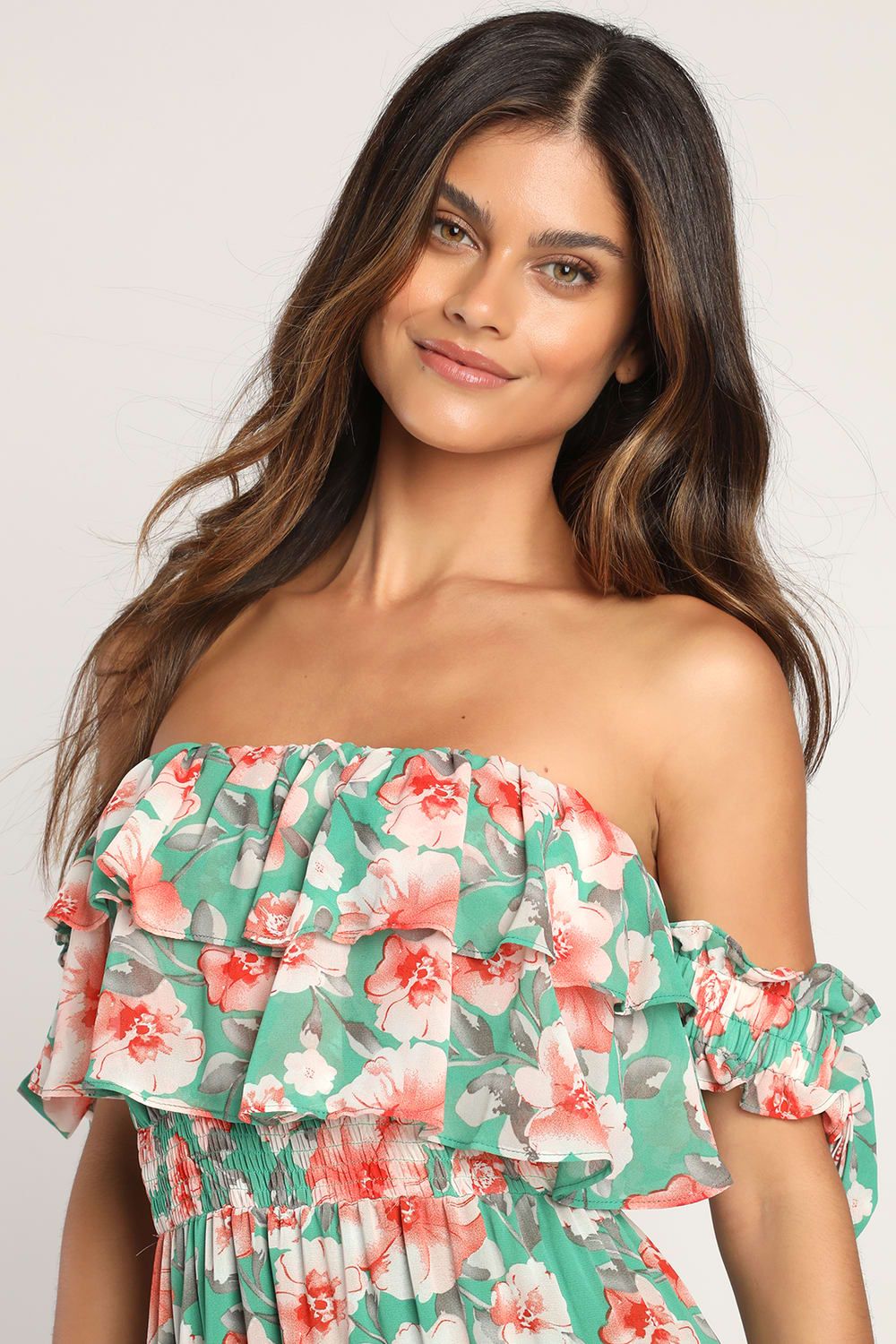 Chance For Us Green Floral Off-the-Shoulder Ruffled Maxi Dress | Lulus (US)
