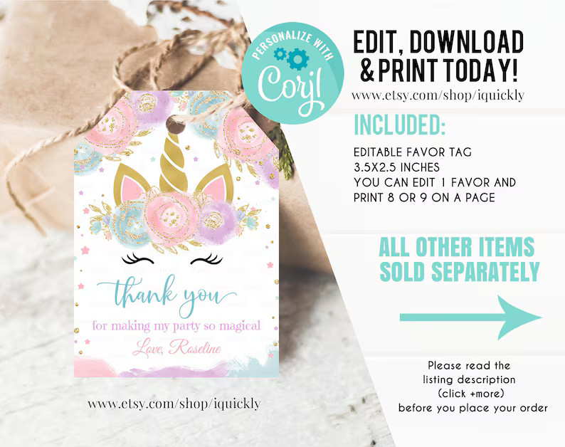 EDITABLE Unicorn Favor Tags Thank You Tags Gift Tags | Etsy | Etsy (US)