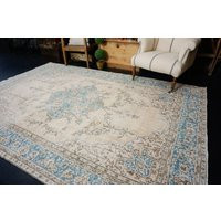 6'8 X 10' Vintage Oushak Rug Beige & Light Turquoise Blue Carpet | Etsy (US)