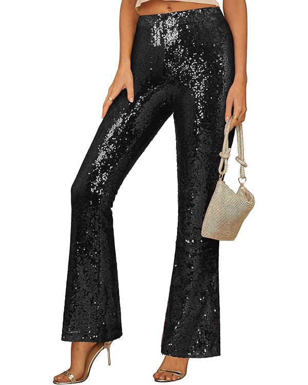 GRAPENT Sequin Pants for Women Flare High Waisted Pull On Elastic Waist Party Club Night Out Danc... | Amazon (US)