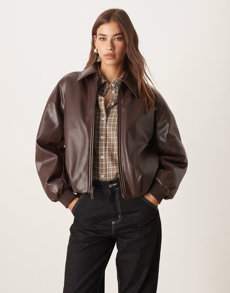 Abercrombie & Fitch vegan leather bubble hem bomber jacket in brown | ASOS (Global)