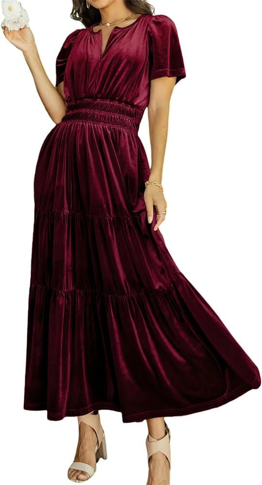 Women's Fall Winter Vintage Velvet Dress Short Sleeve V Neck Elastic Waist Tiered Ruffle A-Line F... | Amazon (US)