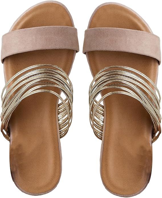 Verdusa Women's Metallic Strappy Flat Sandals Summer Slide Sandals Casual Shoes | Amazon (US)