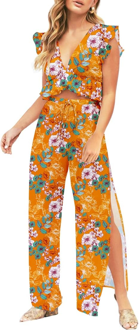 FANCYINN Womens 2 Pieces Outfits Deep V Neck Crop Top Side Slit Drawstring Wide Leg Pants Set Jum... | Amazon (US)