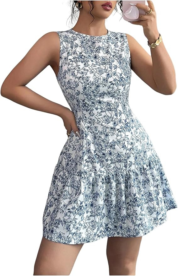 Women's Boho Floral Mini Dress Elegant Ruffle Crew Neck Going Out Sundress Vacation Outfits | Amazon (US)