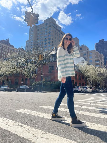 Spring Outfit Idea! 

Wearing the #525America sweater in size small & #abercrombie skinny jeans in the curve love size 27W! 

#converse I sized down 1/2 a size! They usually run big. 

Linked similar #WarbyParker sunglasses since my style is out of stock! I hope they bring it back soon - it’s the Carmen!

Jeans | Sunglasses | Spring Outfits | Sneakers | High Top | Spring Sweater | Street Style | Style Over 30 

#LTKfindsunder100 #LTKshoecrush #LTKstyletip