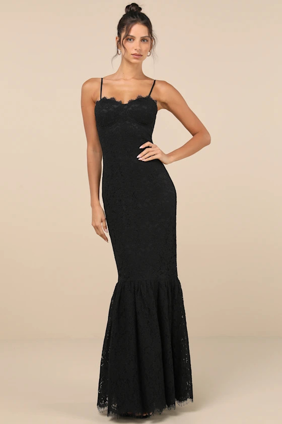 Instinctively Stunning Black Lace Bustier Trumpet Midi Dress | Lulus