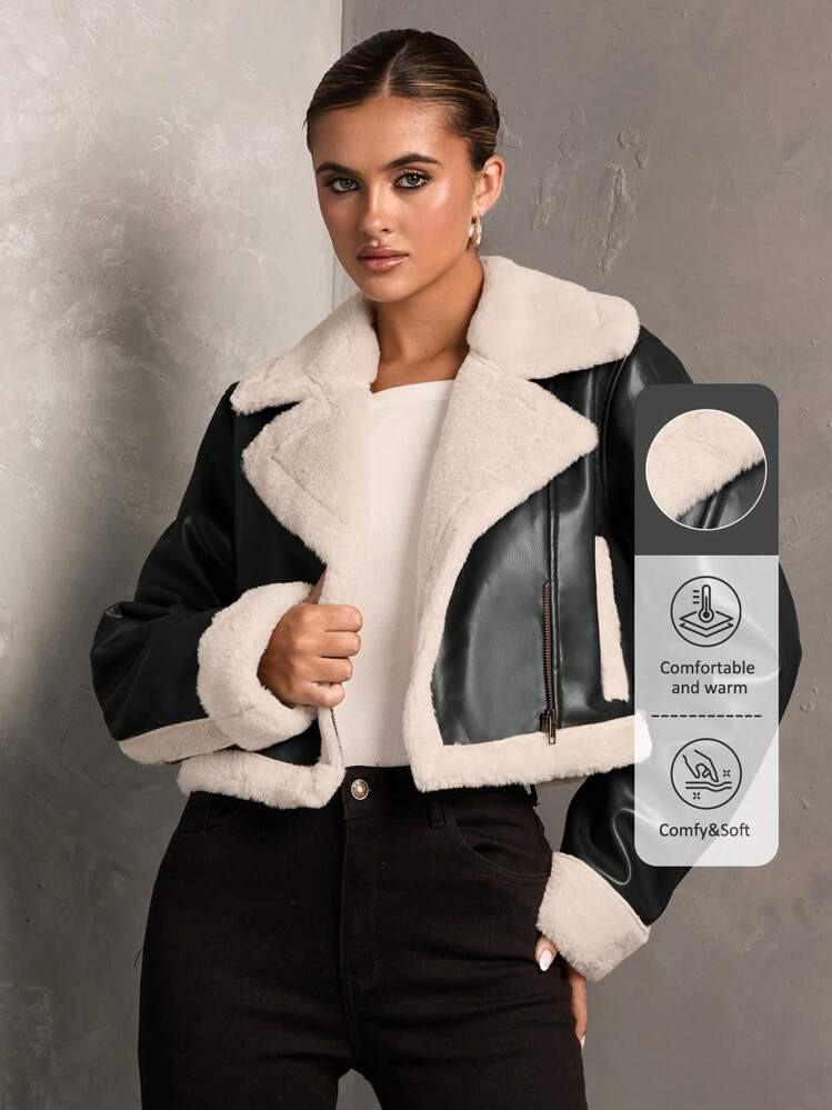 Black leather coat fur  | SHEIN