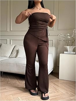 Milumia Women's Plus Size Two Piece Outfit Drawstring Strapless Tube Top and Flared Long Pants Se... | Amazon (US)
