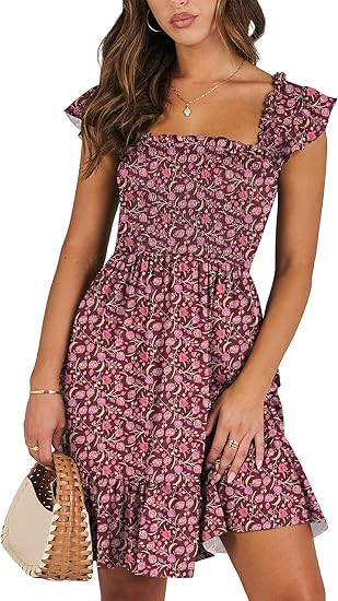 ANRABESS Women's Summer Casual Sleeveless Square Neck Dress 2026 Smocked Ruffle Backless Boho Bea... | Amazon (US)