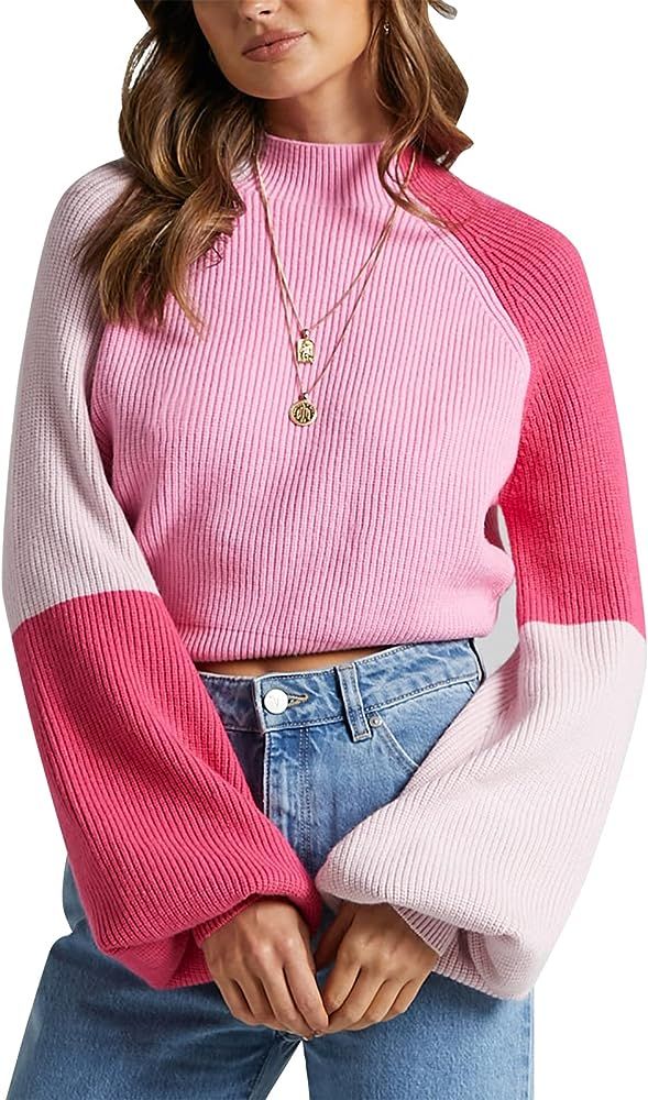 ZAFUL Women's Mock Neck Color Block Sweaters Knitted Pullover Jumper Tops Casual Lantern Sleeve C... | Amazon (US)
