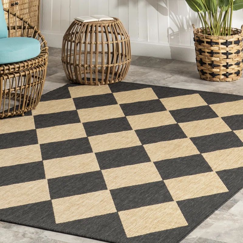 Sabina Trellis Indoor/Outdoor Area Rug for Living Room Patio Deck Front Porch Kitchen, Dark Grey/... | Wayfair North America