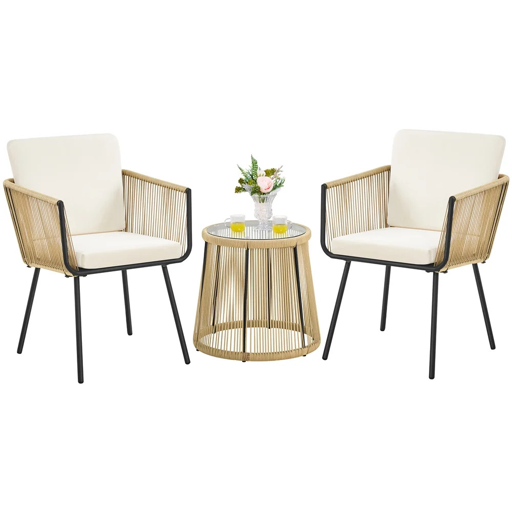 Alden Design 3-Piece Outdoor Metal Frame Wicker Bistro Set 2 Chairs and Tempered Glass Top Side T... | Walmart (US)