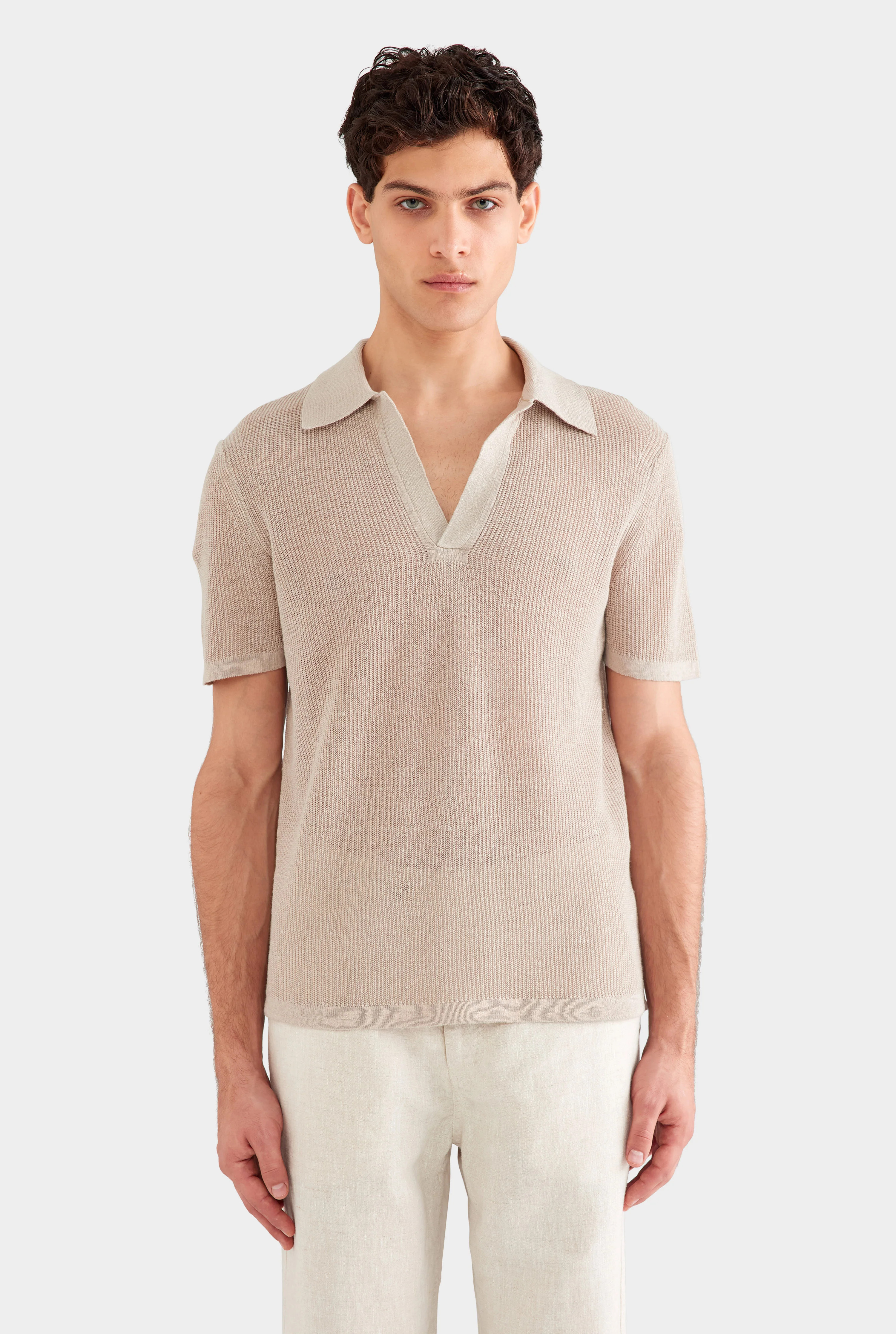 Mens Rib Knit Open Neck Polo in Taupe 2.0 | Venroy | Venroy AU