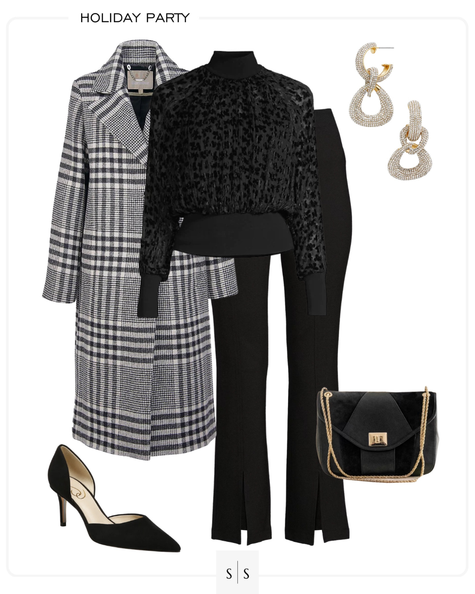 Holiday Party festive outfit idea | #splithem #blouse #monochrome #overcoat #holidaystyle #newyearsstyle #winterstyle #holidayparty | See more festive Holiday style on thesarahstories.com  ✨

#LTKHoliday #LTKSeasonal #LTKstyletip