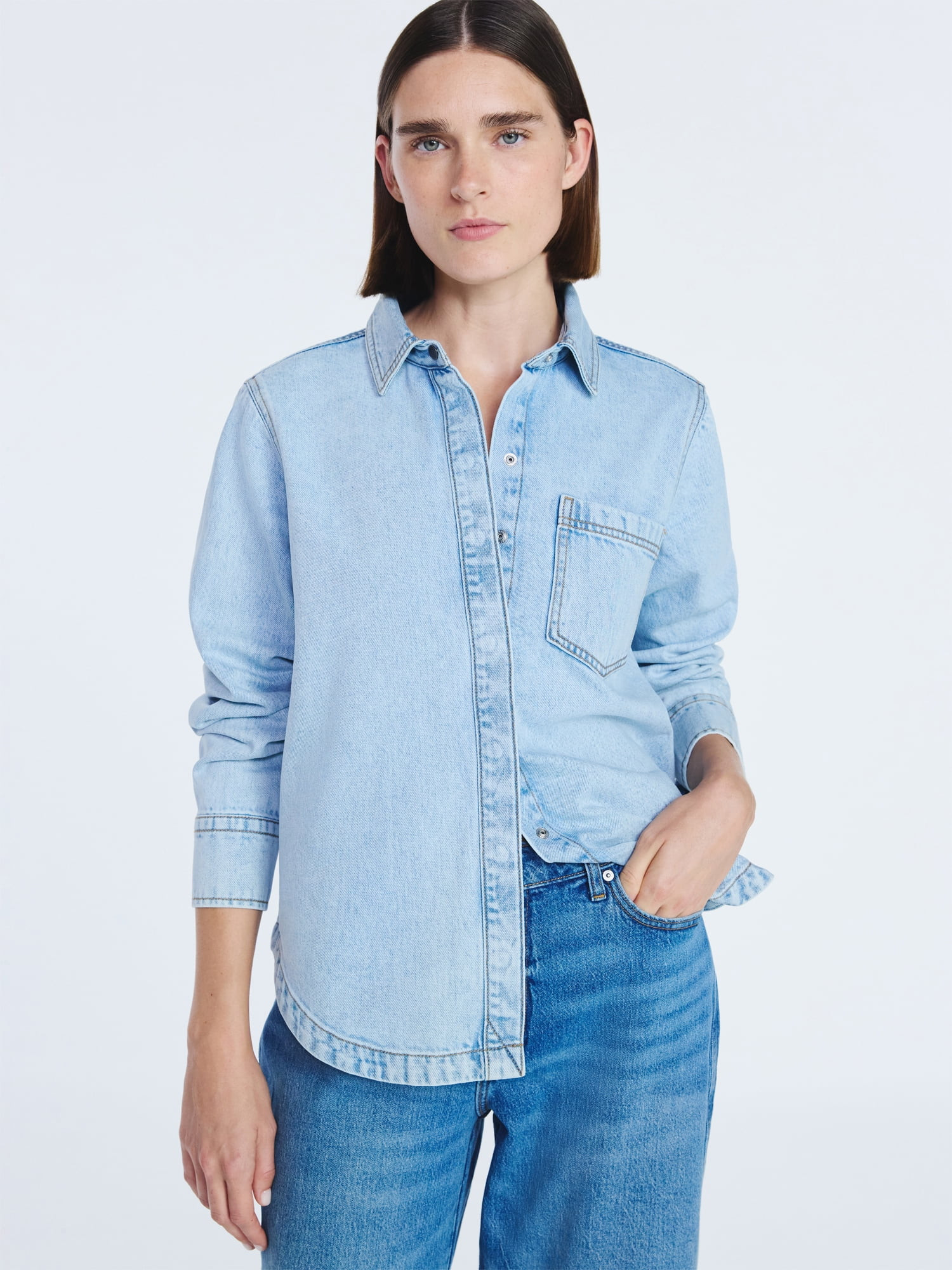 Free Assembly Women's Button Up Denim Shirt with Long Sleeves, Sizes XS-XXL | Walmart (US)