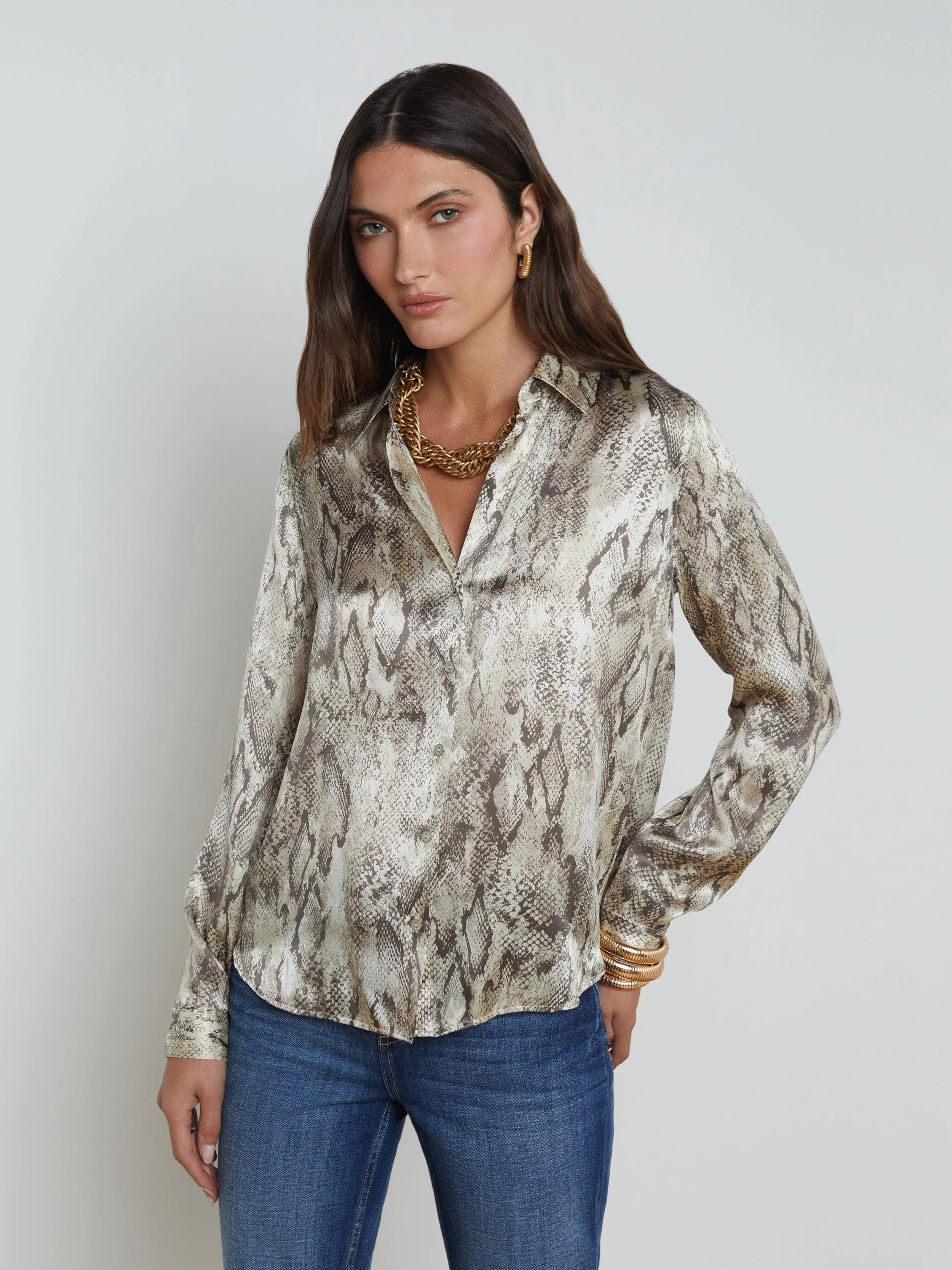 L'AGENCE - Tyler Long Sleeve Silk Blouse in Tan Multi Snake | L'Agence