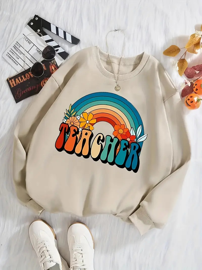 Rainbow Teacher Print Loose Sweatshirt Casual Long Sleeve - Temu | Temu Affiliate Program