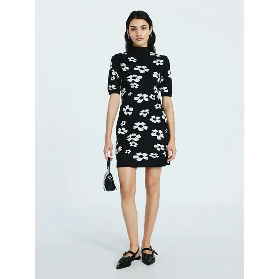 Scoop Women's Jacquard Floral Sweater Mini Dress with Short Sleeves, Sizes XS-XXL | Walmart (US)