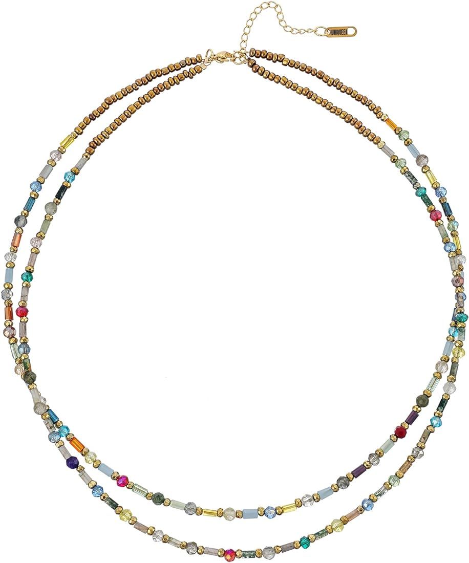 Boho Handmade Natural Jasper Stone Beaded Crystal Mixed Strand Short Necklace for Women Girl | Amazon (US)