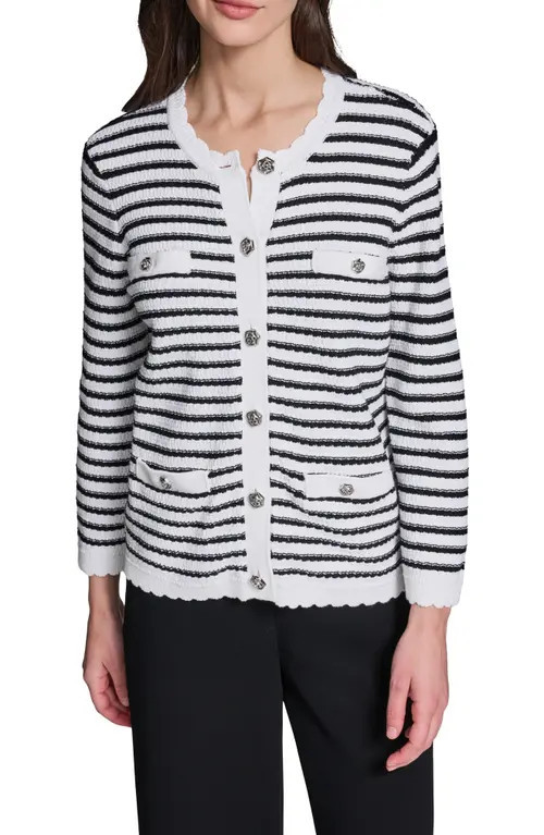 KARL LAGERFELD PARIS Stripe Cotton Blend Cardigan in Soft White/Black at Nordstrom, Size X-Small | Nordstrom