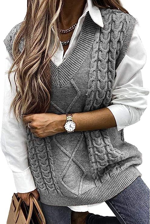 Yousify Women Cable Knit Oversize Sweater Vest V Neck Sleeveless Vintage Loose Sweaters Tops | Amazon (US)