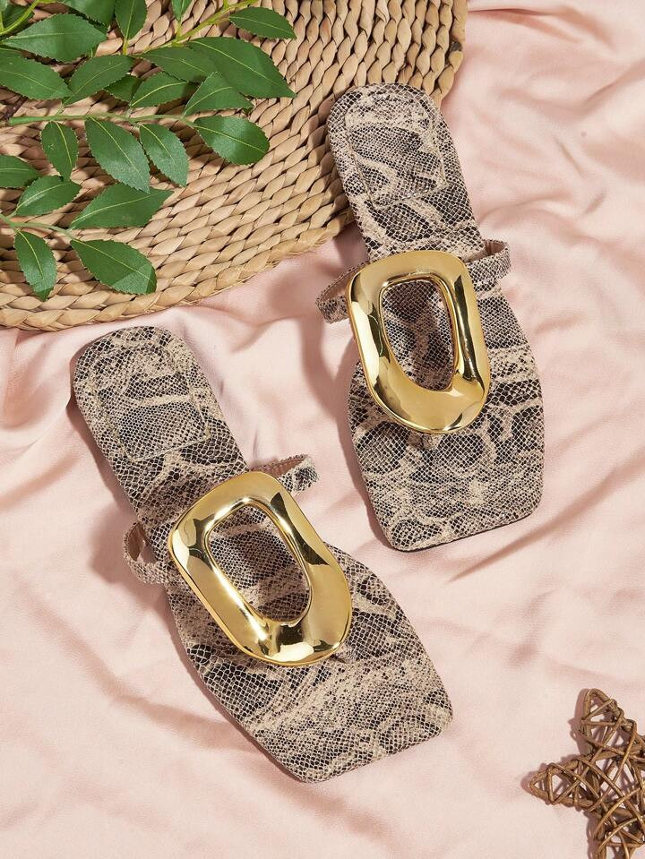 Party Vacation Casual Snake Print Square Toe Metal Buckle Slides Sandals | SHEIN