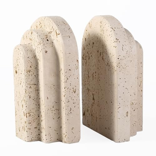 Natural Marble Book Ends - Heavy Duty Bookends for Shelves - Aesthetic Layered Arch Design Stone Book Holders, Unique Modern Office Bookshelf Stopper Decor for Books/CDs(Travertino Turkey) | Amazon (US)