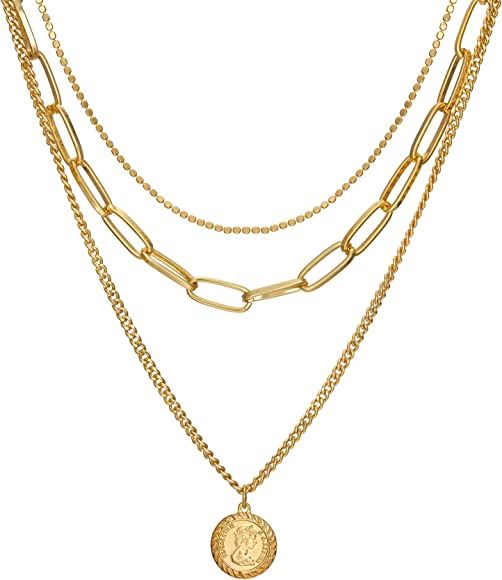 Layered Pendant Necklace 18K Gold Plated Queen Elizabeth Coin Disc Chain Vintage Valentine's Day ... | Amazon (US)