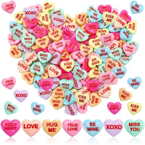DTOFOOT 100 Pcs Conversation Hearts Decorations, Resin Candy Hearts for DIY Jewelry Making, Mini Heart Charms with XOXO True Love Phrases, Valentine's Day Craft Supplies | Amazon (US)