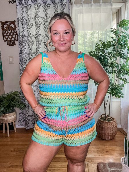 Show Me Your Mumu 
Coverup romper size XL 
Has stretch waist but the tie doesn’t adjust the waist 
Wearing the scrunch one piece under in size XL 
Resort wear, travel style, vacation style, size 12 style, spring break style 

#LTKmidsize #LTKswim #LTKSeasonal