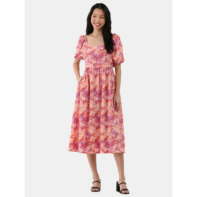 Time and Tru Women's and Women's Plus Back Tie Midi Dress with Puff Sleeves, Sizes XS-XXXL | Walmart (US)